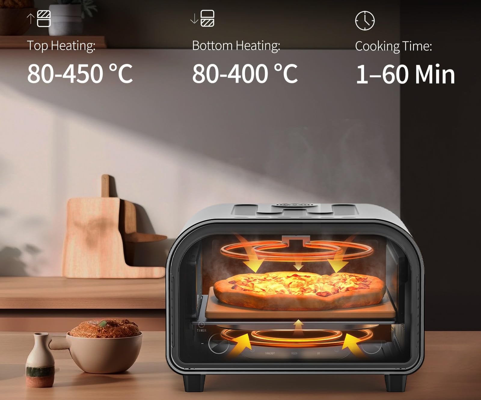 ZACHVO Elektrischer Pizzaofen - bis 450℃, 5 voreingestellte Pizzaarten, 1-60 Min Timer, Touchscreen & Drehregler, Edelstahlgehäuse, für 32cm Pizza, inkl. Pizzastein, Pizzaschieber, Rezeptbuch, Schwarz
