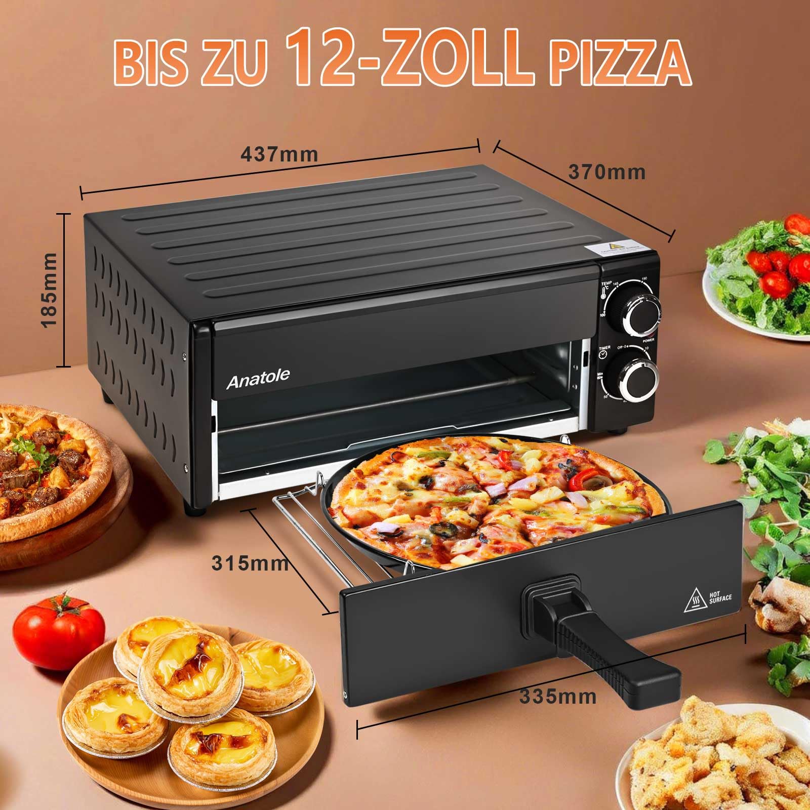 Anatole Pizzaöfen Elektrisch 12" 1800W Pizza Maker Indoor Zeit Temperatur Einstellbar Pizzamaschine Multifunktional mit Abnehmbar Grill Krume Tray