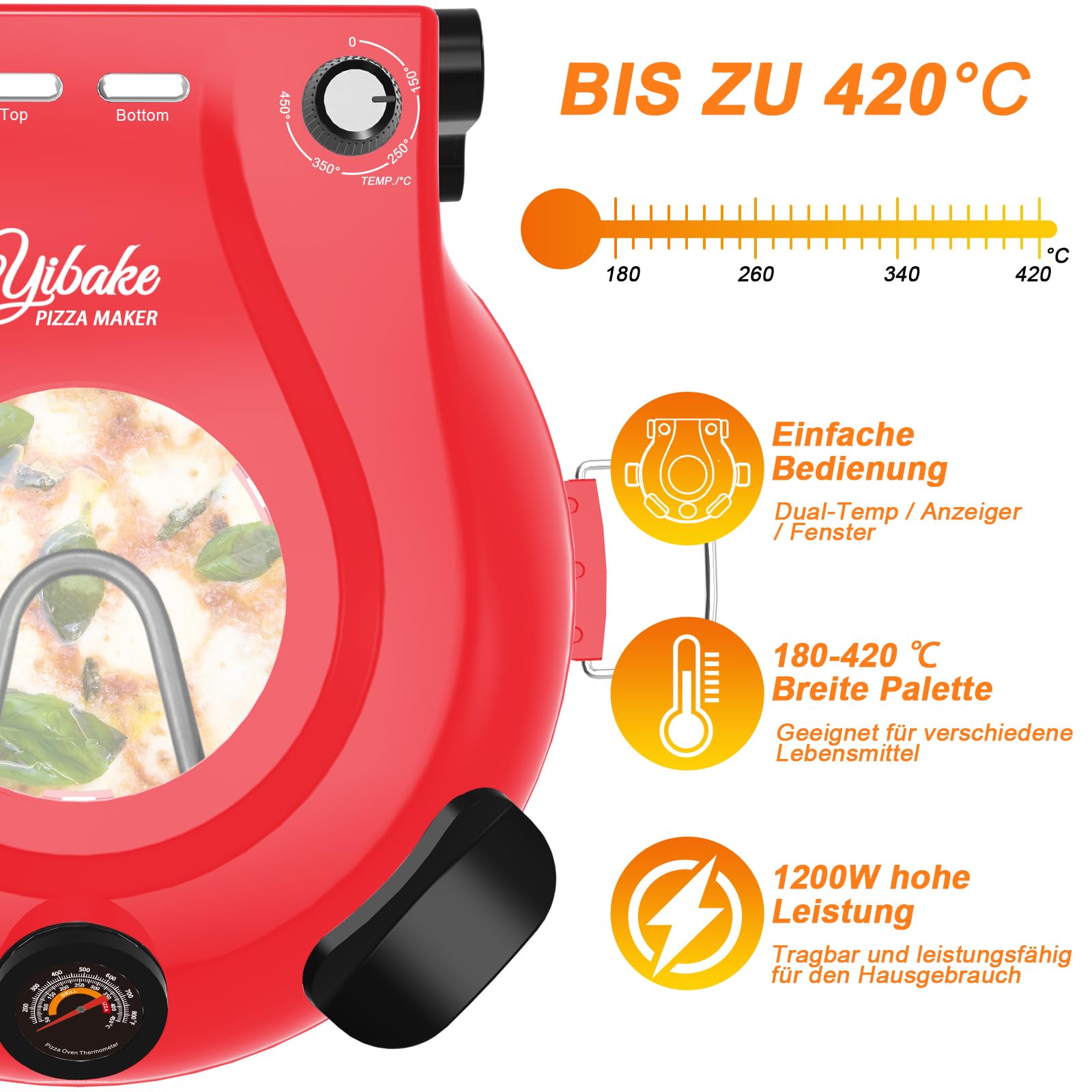 YIBAKE Pizzaofen Elektrisch, 1200W Pizzaofen in 4-Min-Pizza, 31cm Feuerfeste Pizzastein, 420℃ Pizzabackofen, inkl. Pizzaschaber & Pizzaschieber & Rezeptbuch Rot