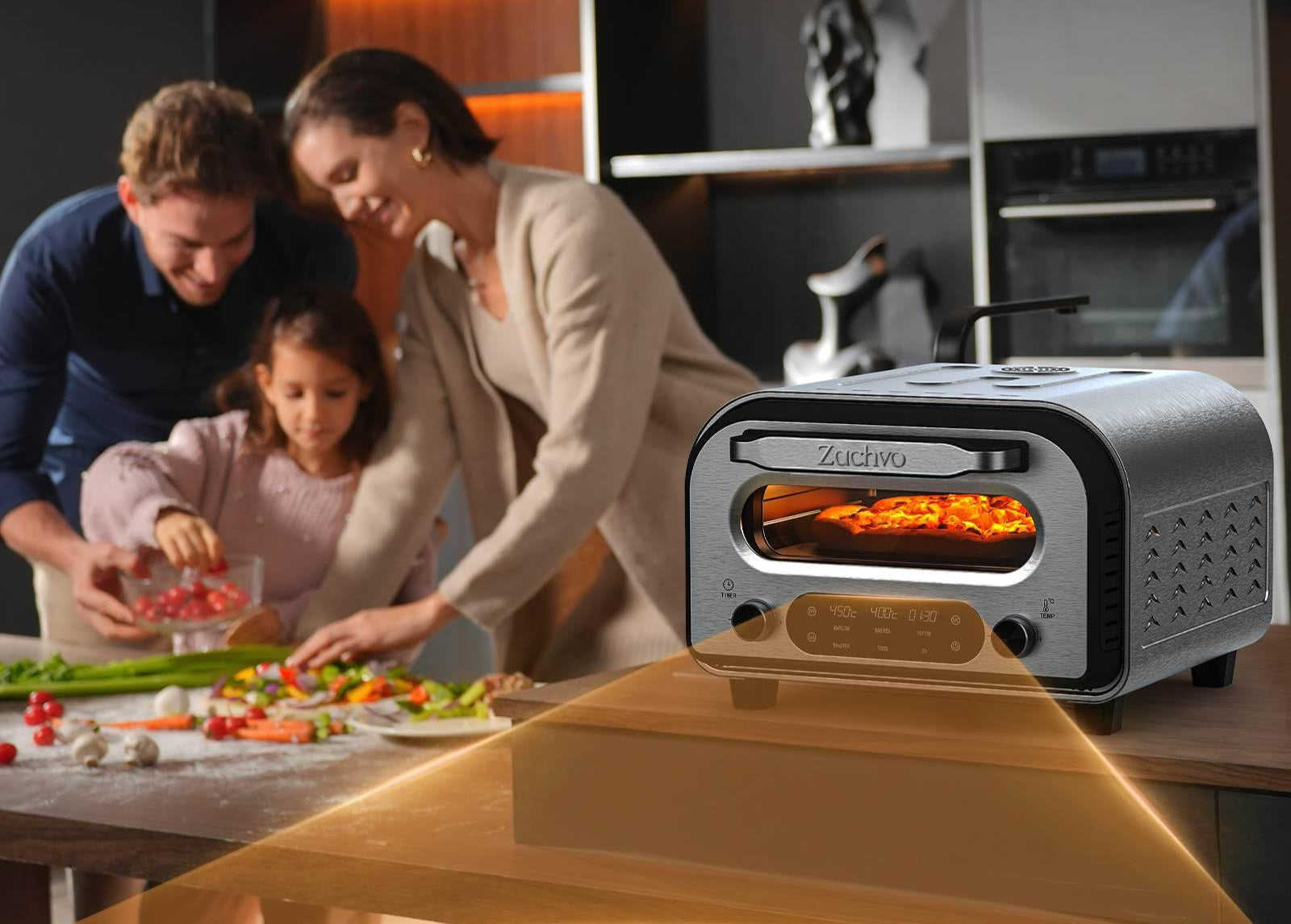 ZACHVO Elektrischer Pizzaofen - bis 450℃, 5 voreingestellte Pizzaarten, 1-60 Min Timer, Touchscreen & Drehregler, Edelstahlgehäuse, für 32cm Pizza, inkl. Pizzastein, Pizzaschieber, Rezeptbuch, Schwarz