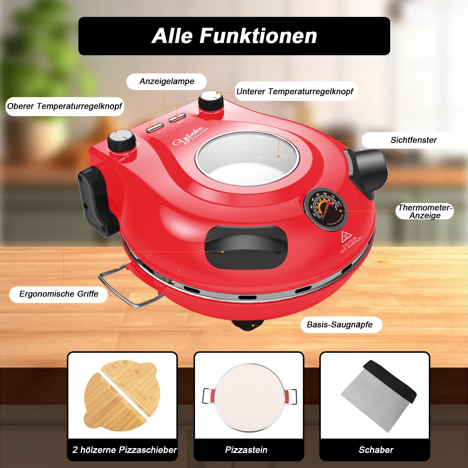 YIBAKE Pizzaofen Elektrisch, 1200W Pizzaofen in 4-Min-Pizza, 31cm Feuerfeste Pizzastein, 420℃ Pizzabackofen, inkl. Pizzaschaber & Pizzaschieber & Rezeptbuch Rot