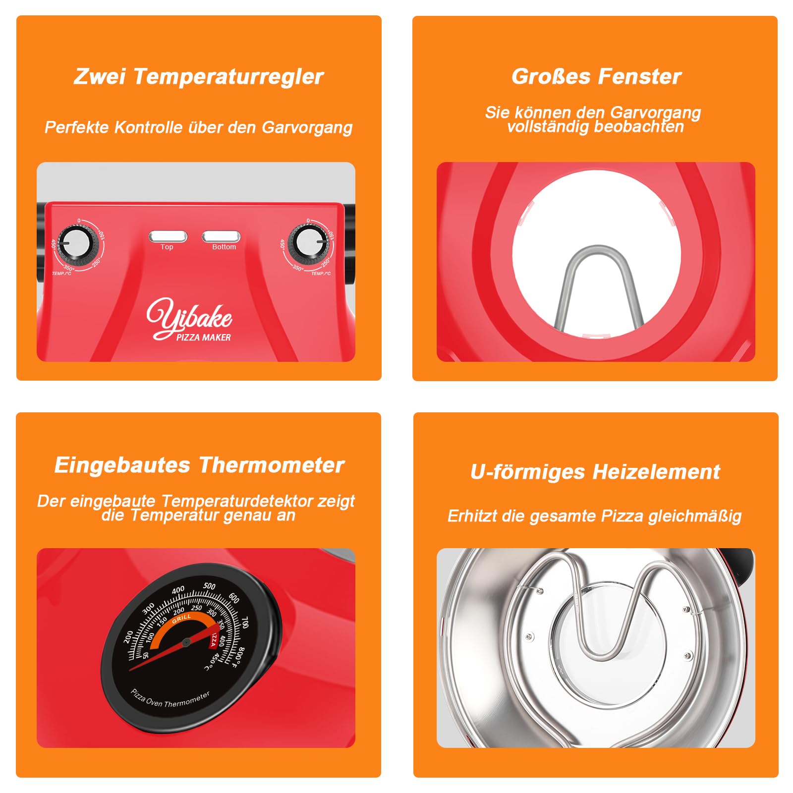 YIBAKE Pizzaofen Elektrisch, 1200W Pizzaofen in 4-Min-Pizza, 31cm Feuerfeste Pizzastein, 420℃ Pizzabackofen, inkl. Pizzaschaber & Pizzaschieber & Rezeptbuch Rot