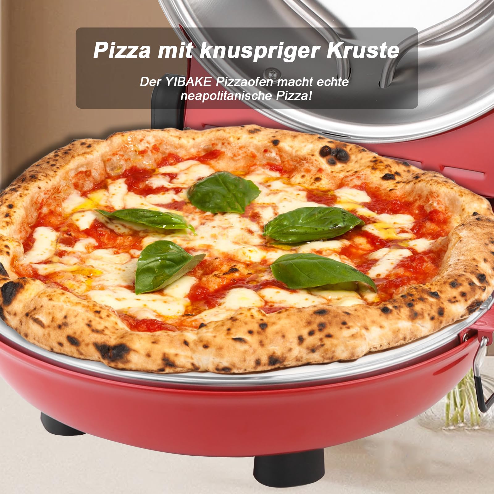 YIBAKE Pizzaofen Elektrisch, 1200W Pizzaofen in 4-Min-Pizza, 31cm Feuerfeste Pizzastein, 420℃ Pizzabackofen, inkl. Pizzaschaber & Pizzaschieber & Rezeptbuch Rot