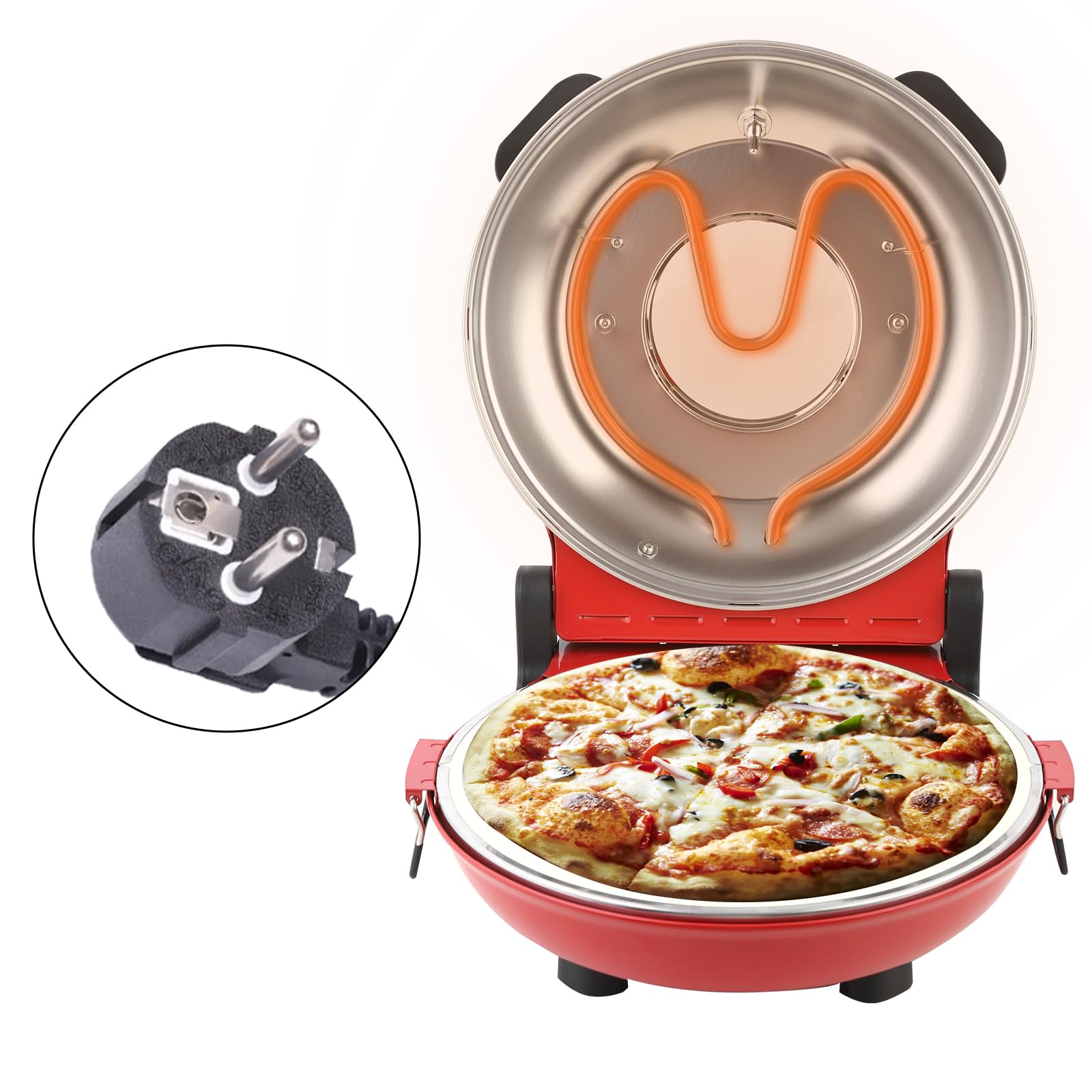 YIBAKE Pizzaofen Elektrisch, 1200W Pizzaofen in 4-Min-Pizza, 31cm Feuerfeste Pizzastein, 420℃ Pizzabackofen, inkl. Pizzaschaber & Pizzaschieber & Rezeptbuch Rot
