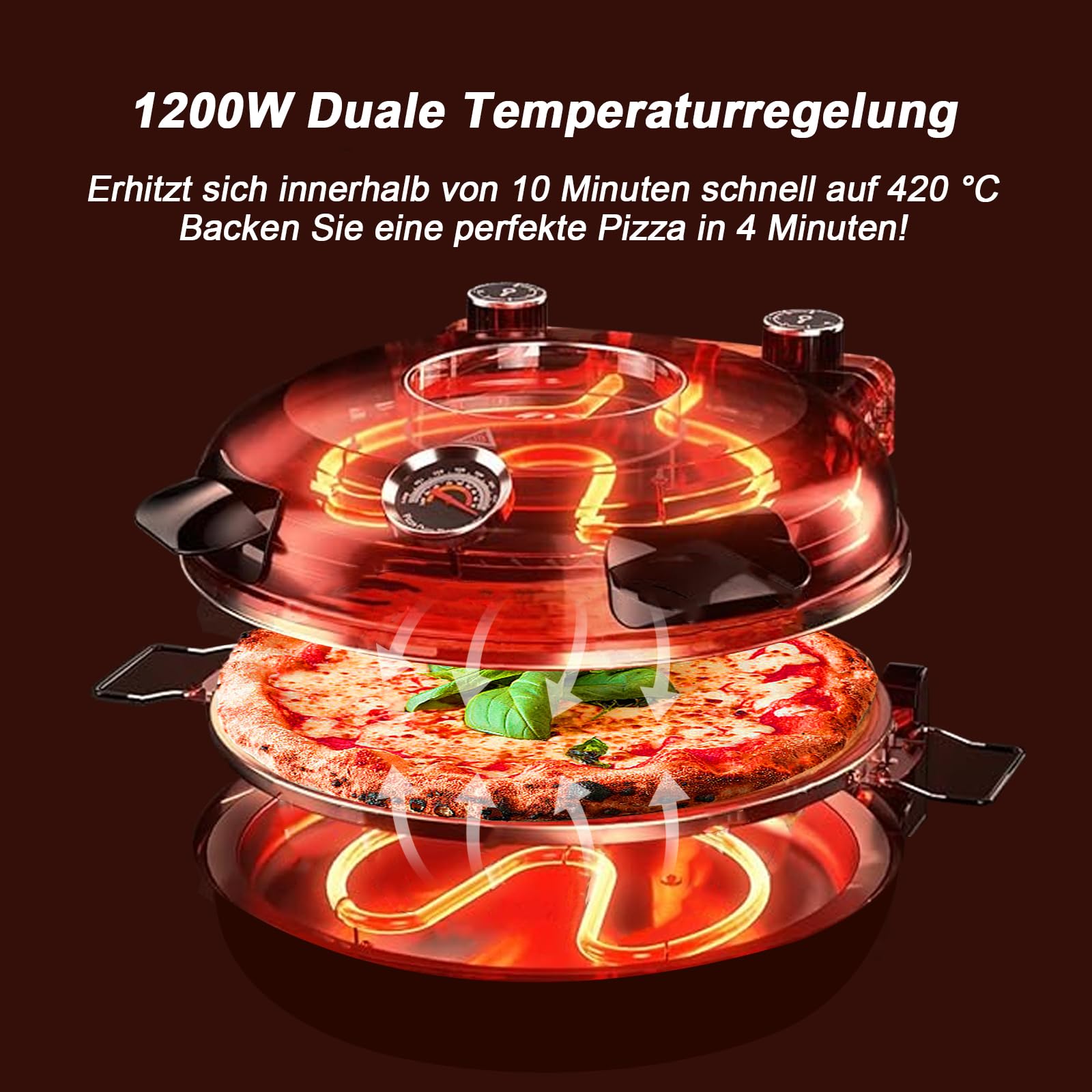 YIBAKE Pizzaofen Elektrisch, 1200W Pizzaofen in 4-Min-Pizza, 31cm Feuerfeste Pizzastein, 420℃ Pizzabackofen, inkl. Pizzaschaber & Pizzaschieber & Rezeptbuch Rot