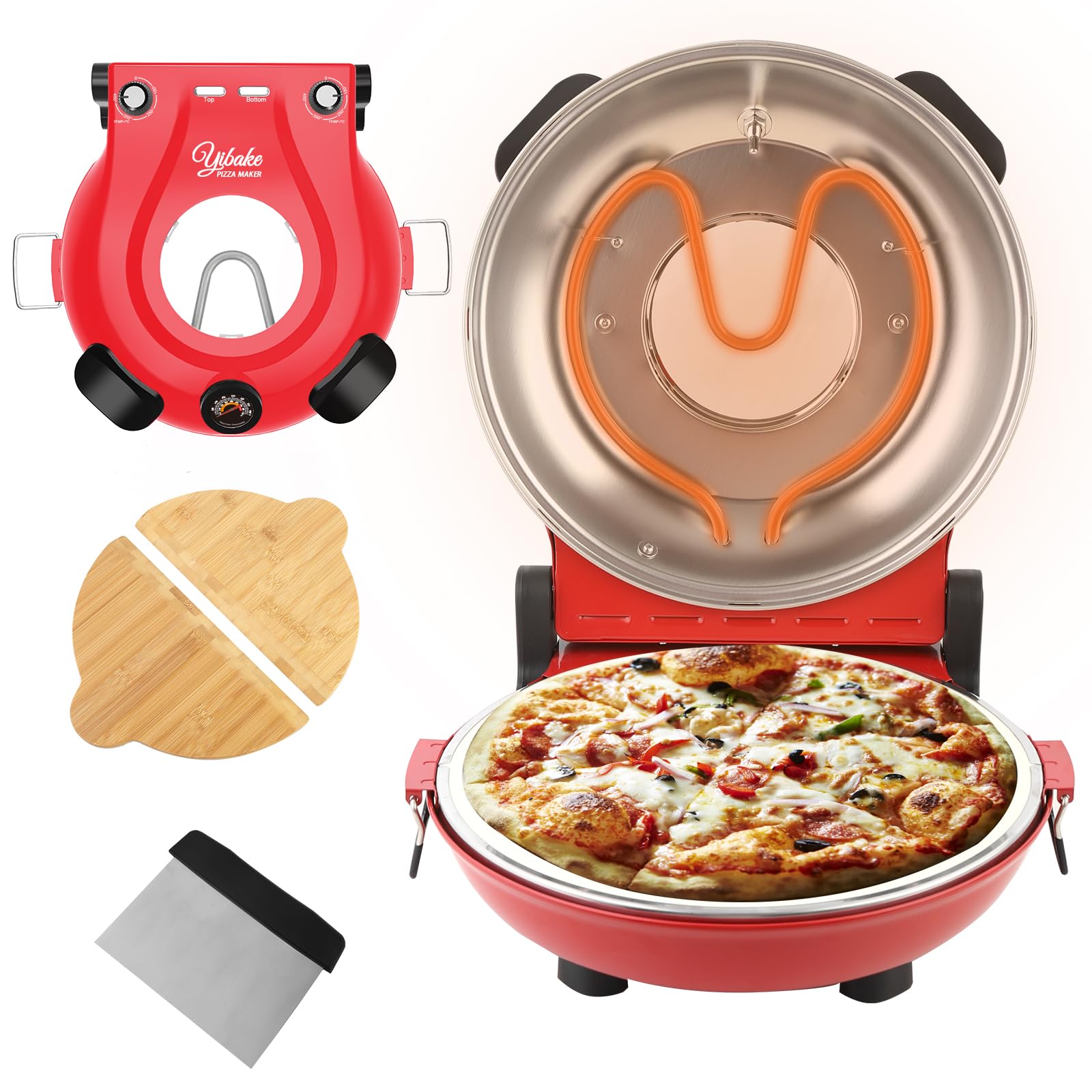 YIBAKE Pizzaofen Elektrisch, 1200W Pizzaofen in 4-Min-Pizza, 31cm Feuerfeste Pizzastein, 420℃ Pizzabackofen, inkl. Pizzaschaber & Pizzaschieber & Rezeptbuch Rot